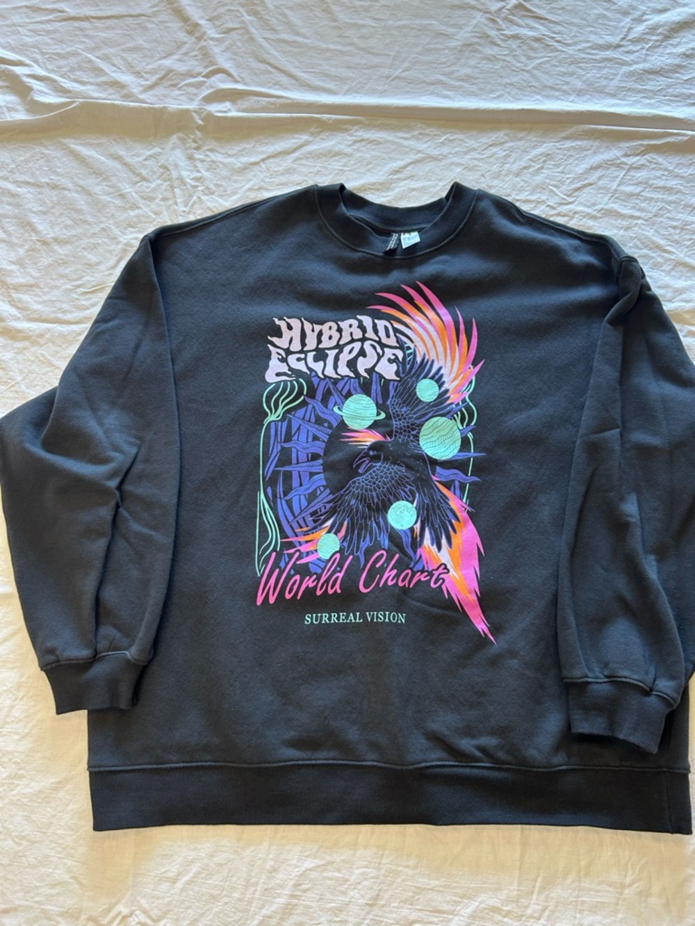 H &M Divided Gray Crewneck Sweatshirt with Neon Surreal Graphic